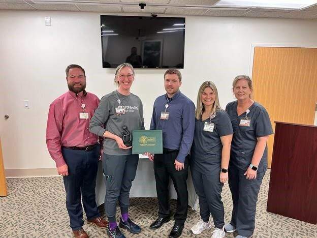 From left, Rob Terry, UT Health Quitman Chief Nursing Officer; Tracy Whinery, BSN, RN; Jared Smith, UT Health Quitman CEO; Misty Welborn, RN, Med/Surg Director; and Renee Gilbreath, RN, Infection Preventionist.